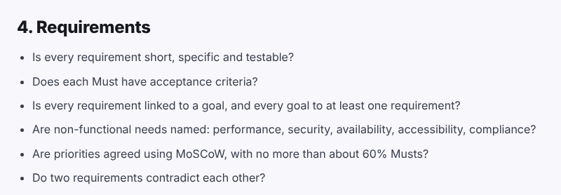 Requirements section of the discovery phase checklist: questions about testable requirements, acceptance criteria for every Must, links to goals, non-functional needs, priorities and contradictions