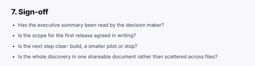 The Sign-off section of the discovery phase checklist: executive summary read, first-release scope agreed in writing, next step clear, discovery in one shareable document