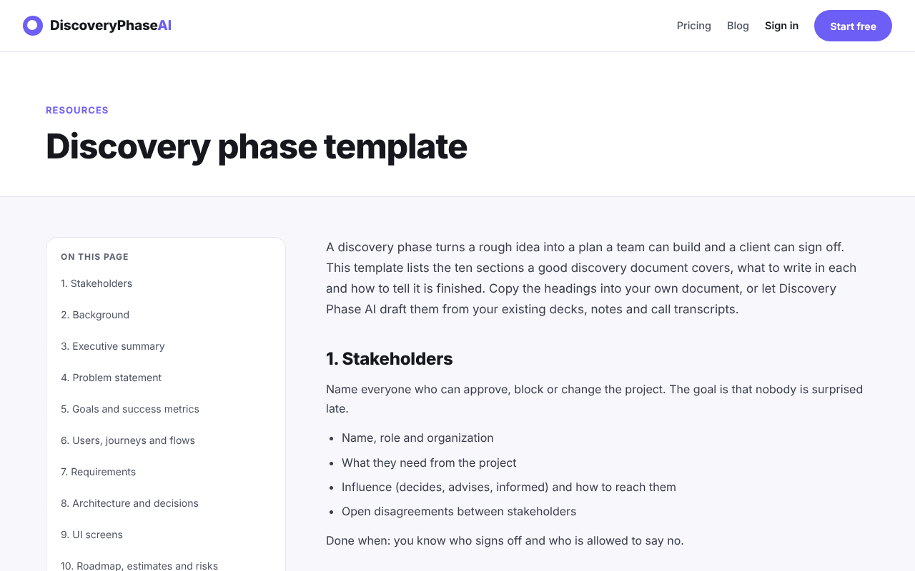 The discovery phase template page with its ten sections listed, from Stakeholders to Roadmap, estimates and risks