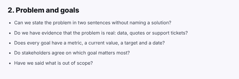 The Problem and goals section of the discovery phase checklist: five questions about the problem statement, evidence, goal metrics, agreement and out of scope