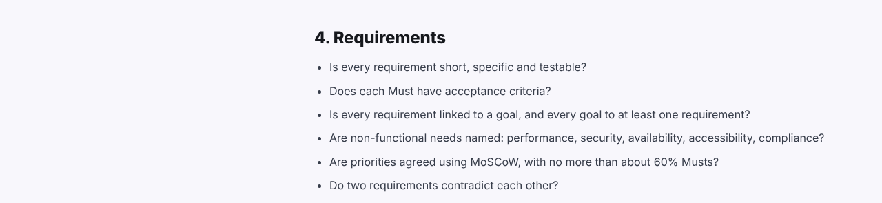 Requirements section of the discovery phase checklist, asking whether each requirement is testable, has acceptance criteria and is linked to a goal