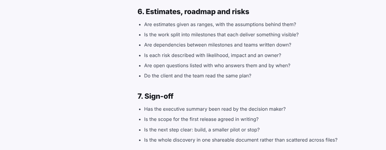 The last two sections of the discovery phase checklist: questions on estimates, roadmap and risks, and sign-off questions such as whether the first-release scope is agreed in writing