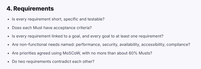 Discovery phase checklist: requirements The Requirements section of the discovery phase checklist, including the question whether non-functional needs such as performance, security, availability, accessibility and compliance are named