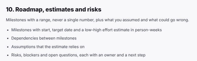 Roadmap, estimates and risks section of the discovery phase template: milestones with a range, dependencies, assumptions, and risks, blockers and open questions each with an owner and a next step