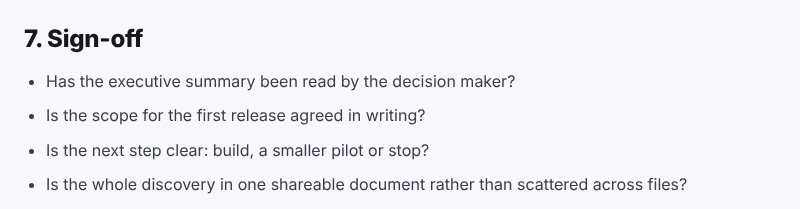 Sign-off section of the discovery phase checklist: questions about the executive summary, written agreement on first-release scope, the next step and one shareable document