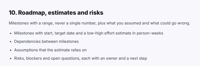 Roadmap, estimates and risks section of the discovery phase template: milestones with dates and a low to high person-week estimate, dependencies, assumptions, and risks with an owner