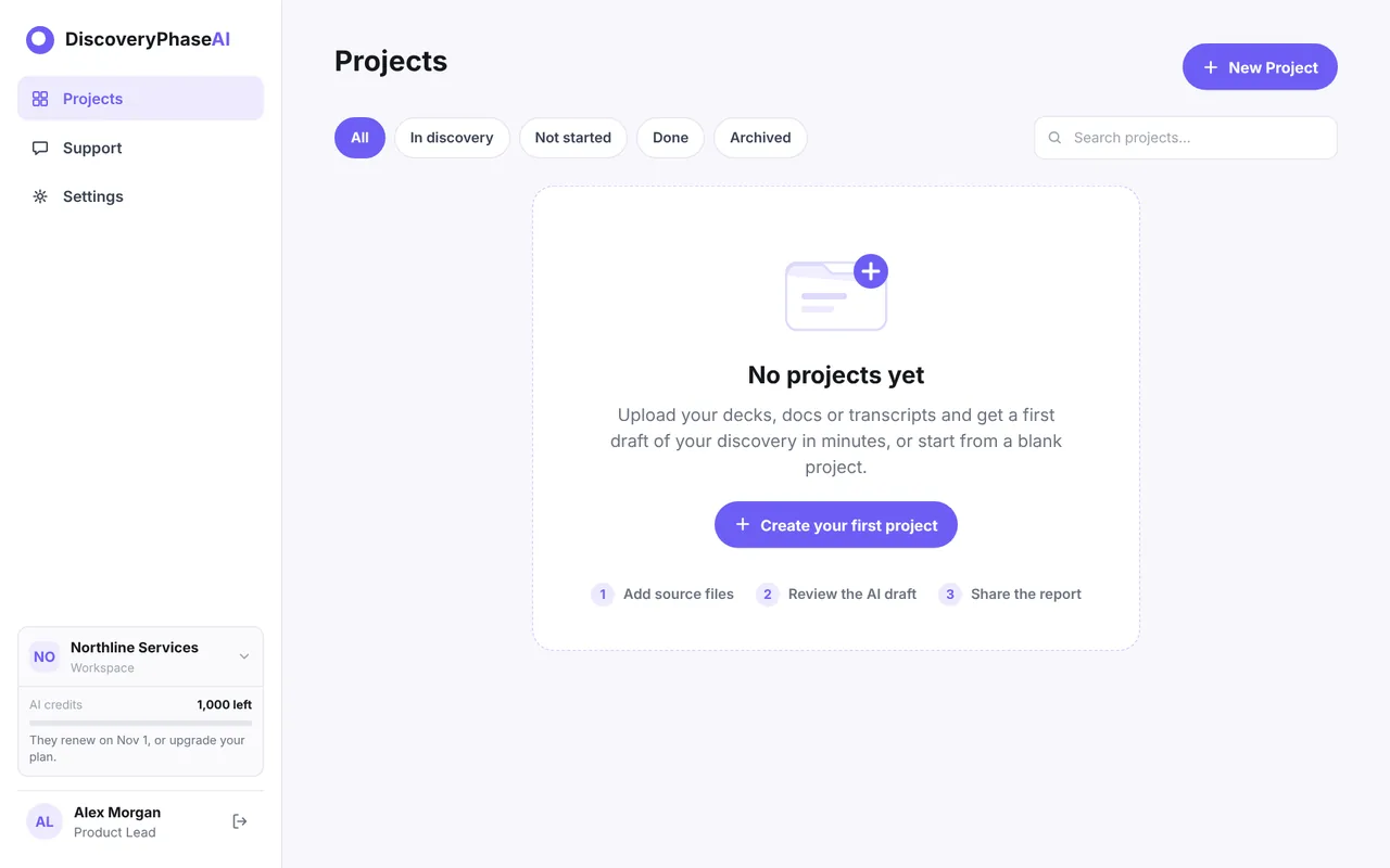 The empty Projects page of a new workspace with the New Project button in the top right corner