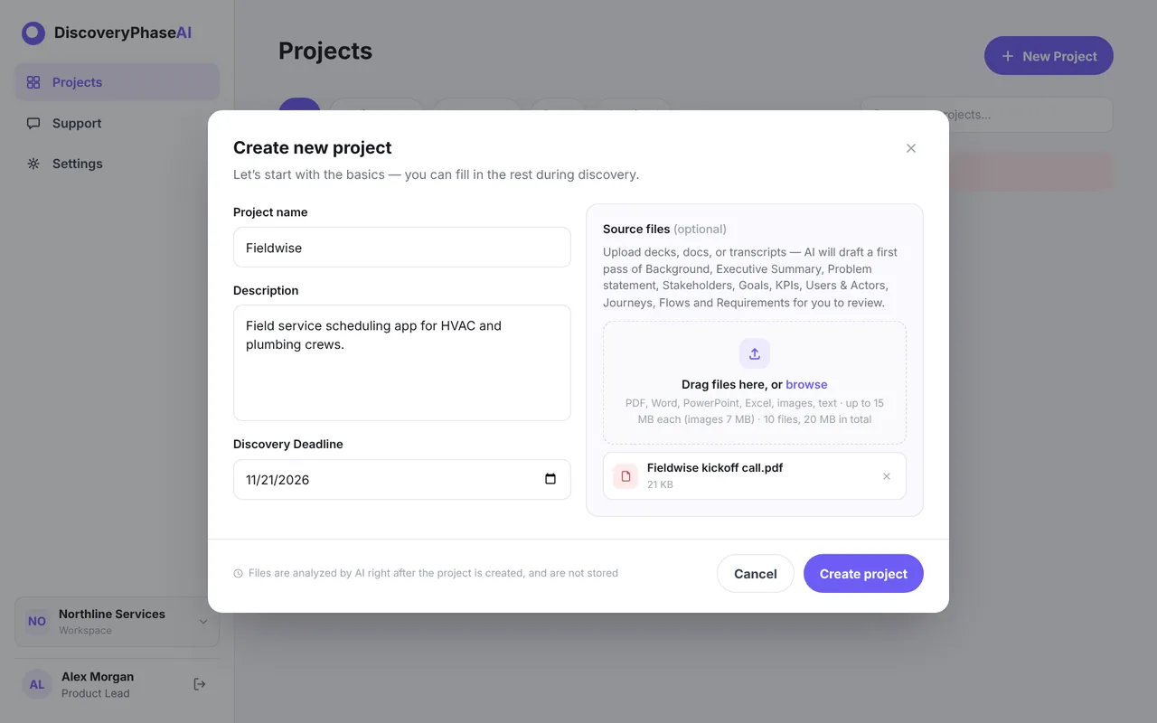 The Create new project dialog with the name Fieldwise, a description, a deadline and the file Fieldwise kickoff call.pdf added