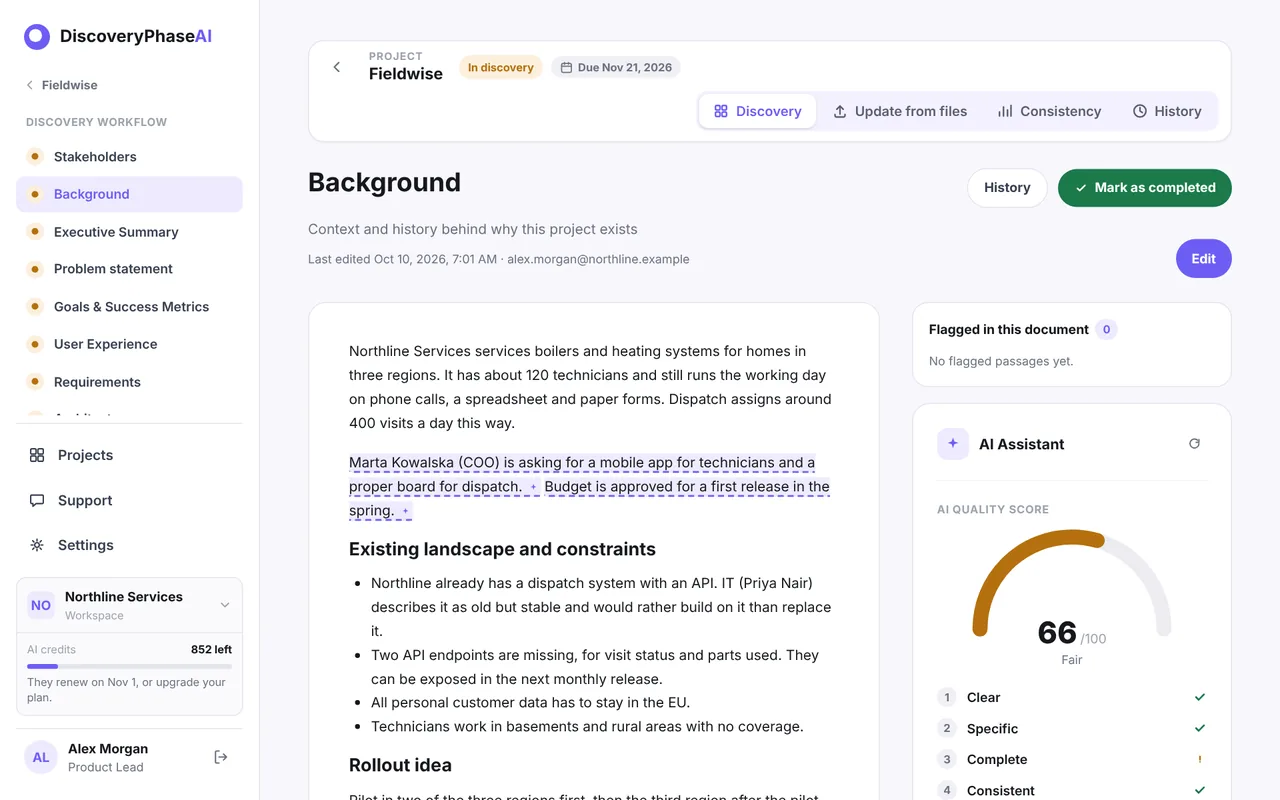 The Background stage: a written document about Northline Services with the AI quality score of 66 out of 100 and its criteria beside it