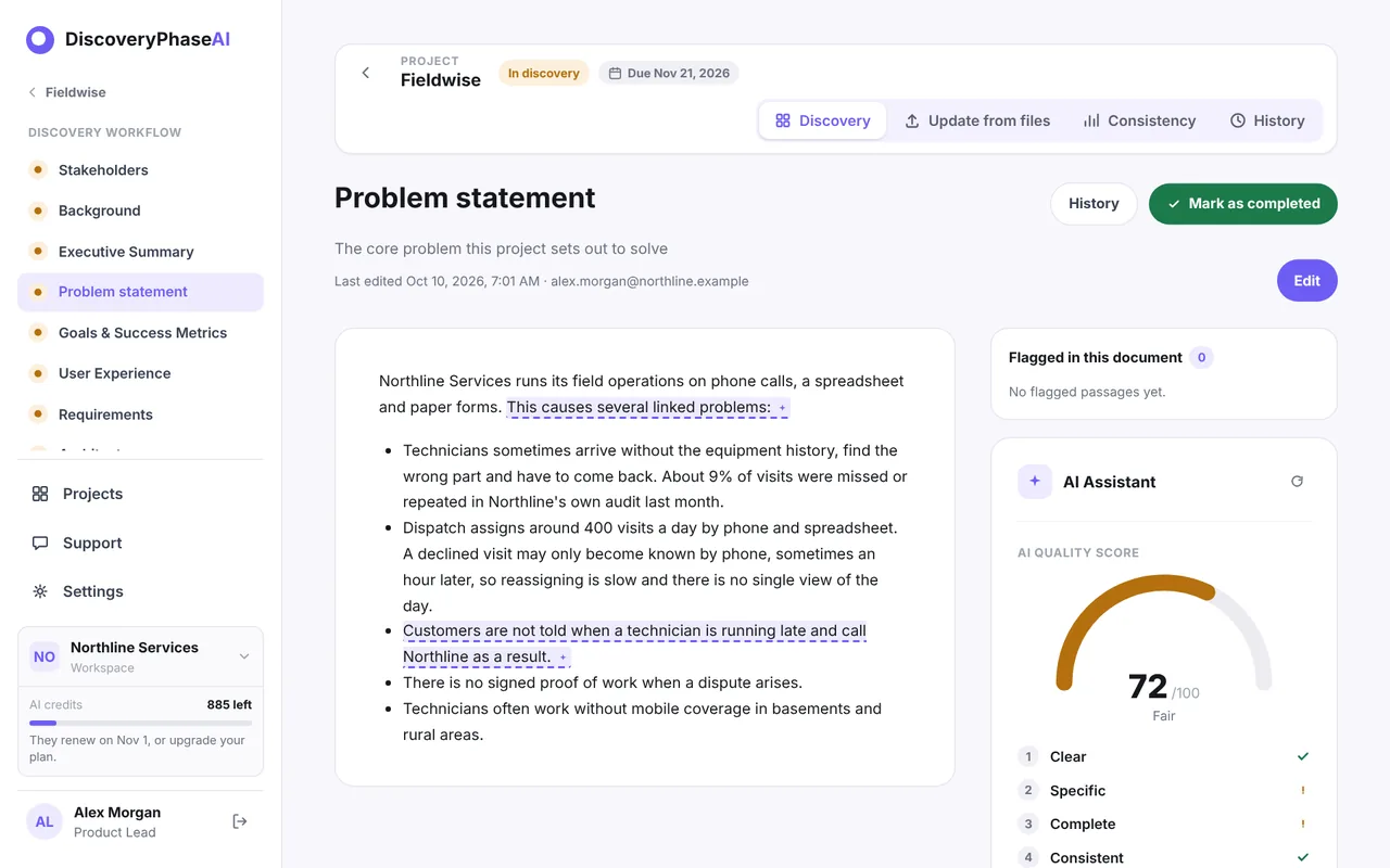 The Problem statement stage with underlined passages and the AI quality score panel showing which criteria pass