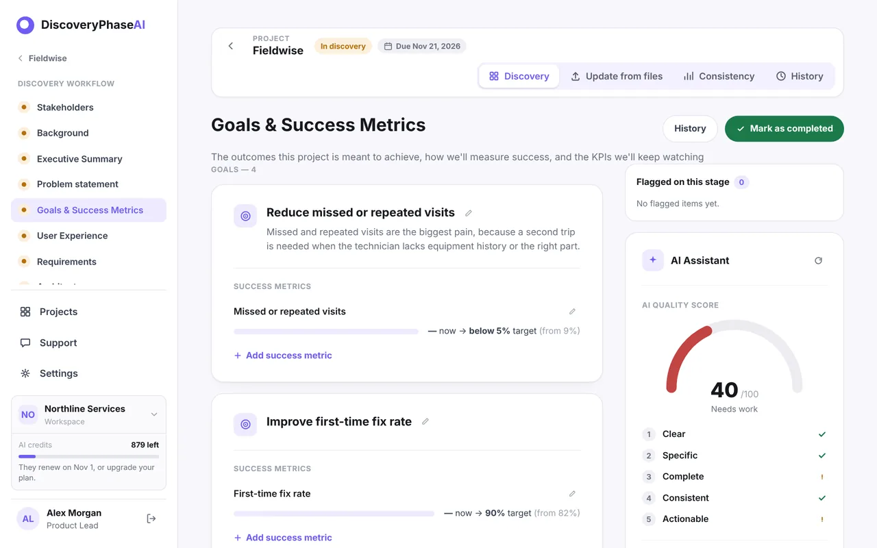 The Goals & Success Metrics stage: the goal Reduce missed or repeated visits with its success metric, and the AI quality score panel