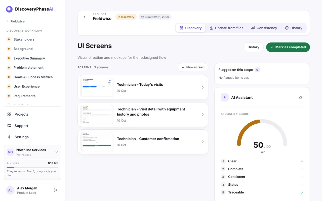 The UI Screens stage with three drafted screens, among them Technician, Today’s visits, and the AI quality score beside them