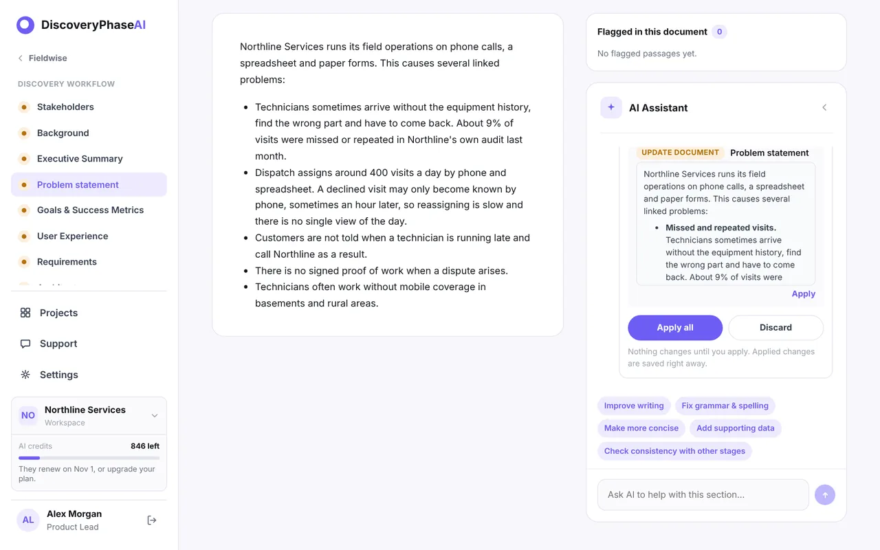 The Improve with AI chat on the Problem statement stage with a proposed change and the Apply and Discard buttons