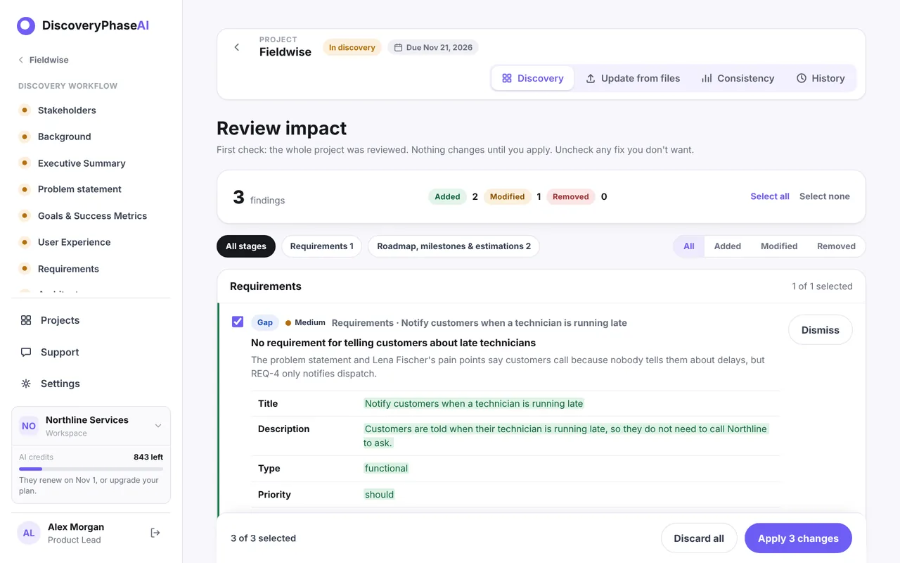 The Review impact page with three findings; the selected gap proposes a new requirement to notify customers when a technician is running late