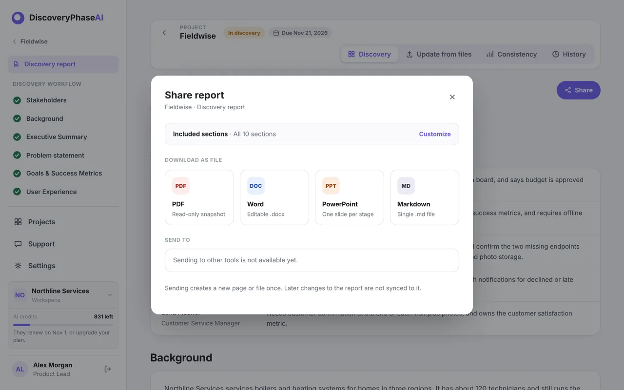The Share report dialog with the four formats: PDF, Word, PowerPoint and Markdown